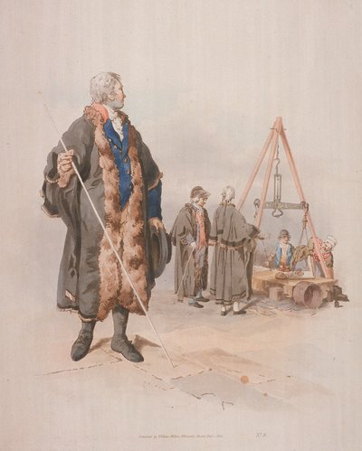 Ward Beadle en traje cívico, sosteniendo un bastón, en una investigación de Wardmote, 1805 de William Henry Pyne