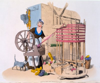 Mujer hilando lana en una máquina giratoria para hacer madejas, 1808 de William Henry Pyne