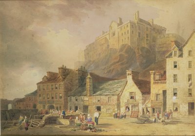 Castillo de Edimburgo desde el Mercado de la Hierba, mostrando el Pequeño Puerto Oeste, c.1820 de William Henry Stothard