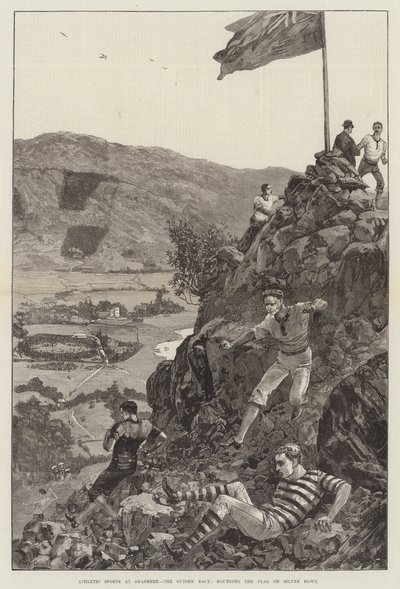 Deportes atléticos en Grasmere, la carrera de los guías, rodeando la bandera en Silver Howe (grabado) de William Heysham (after) Overend