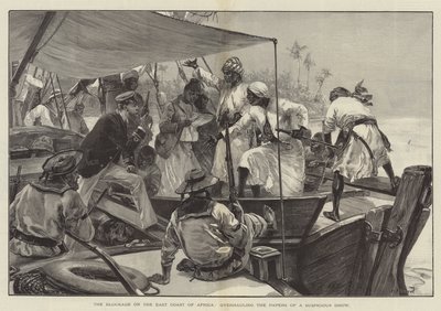 El bloqueo en la costa este de África, revisando los papeles de un dhow sospechoso (grabado) de William Heysham (after) Overend