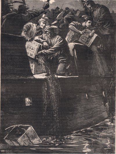 Niños de Boston disfrazados de indios arrojando los cofres de té al puerto en 1773 de William Heysham Overend