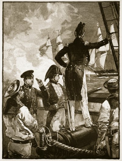 El capitán Walpole interceptando los barcos del Duque de Saldanha, ilustración de 