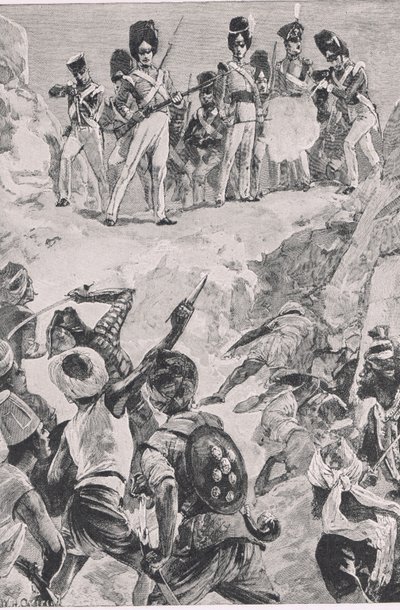 Los seguidores de Carmichael dispararon una descarga en el denso grupo de hombres: Batalla de Bharatpur 1826, ilustración de British Battles on Land and Sea, 1915 de William Heysham Overend