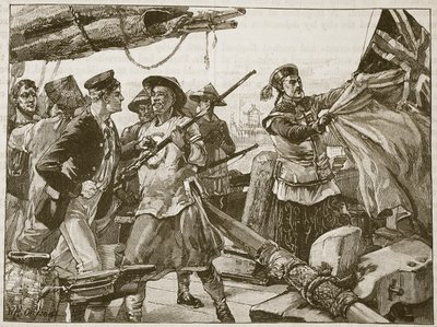 Oficiales chinos arriando la bandera británica en el 
