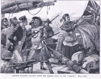Oficiales chinos arriando la bandera británica en el 