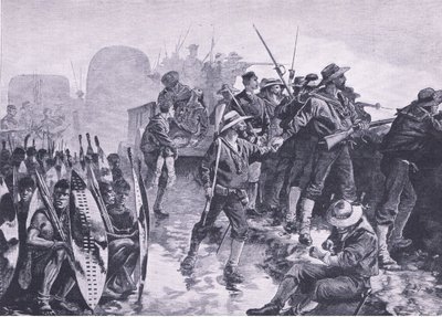 Defendiendo un laager contra un ataque zulú, ilustración de British Battles on Land and Sea, 1915 de William Heysham Overend