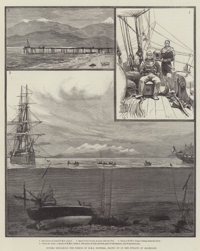 Buzos explorando el naufragio del HMS Doterel, explotado en el Estrecho de Magallanes de William Heysham Overend