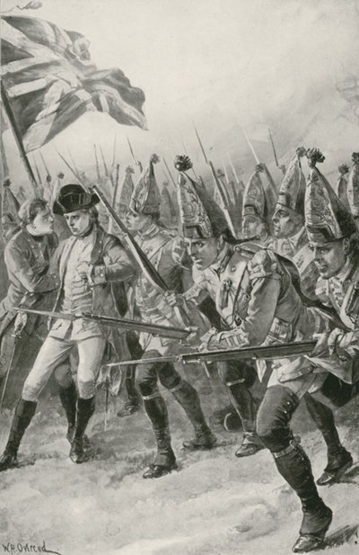 El general Wolfe es mortalmente herido mientras lidera la carga en las Llanuras de Abraham de William Heysham Overend