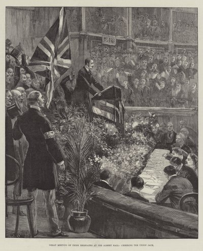 Gran reunión de delegados irlandeses en el Albert Hall, vitoreando la Union Jack de William Heysham Overend
