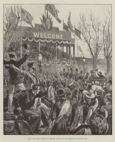 Autogobierno, Gran reunión en Belfast, llegada de Mr Balfour al Linen Hall de William Heysham Overend