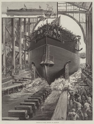 Lanzamiento del HMS Rodney en Chatham de William Heysham Overend