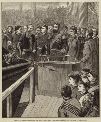 Lanzamiento del Inflexible en el astillero de Portsmouth, la princesa Louise iniciando el barco por electricidad de William Heysham Overend