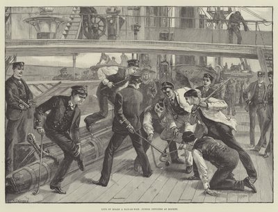 Vida a bordo de un buque de guerra, oficiales jóvenes jugando al hockey de William Heysham Overend