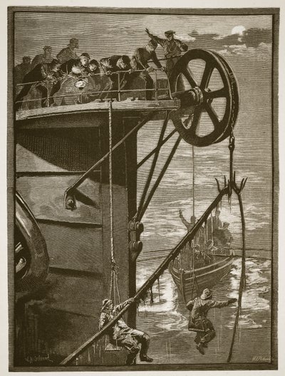Ciencia Moderna: Recogiendo un cable telegráfico en el mar, grabado por W.J. Palmer de William Heysham Overend