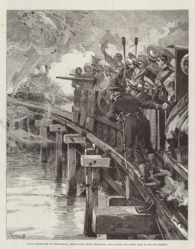 Maniobras navales en Portsmouth, tren blindado retrocediendo sobre el puente y disparando mina para cortar la persecución de William Heysham Overend