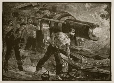 Guerra naval: trabajando el cañón de un barco, grabado por W.J. Palmer de William Heysham Overend