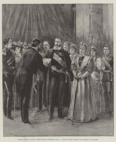Apertura de la Exposición Internacional de Amberes, 5 de mayo, el Conde de Pret leyendo el discurso al Rey de William Heysham Overend