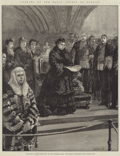 Apertura de los Tribunales Reales de Justicia, el Estrado en el extremo norte del Salón Central, la Reina declarando los Tribunales Abiertos de William Heysham Overend