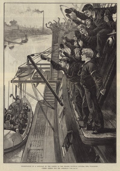 Presentación de un bote salvavidas por los cadetes del barco del Colegio Náutico del Támesis, Worcester, ¡Tres hurras por el bote salvavidas! de William Heysham Overend