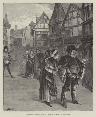 Escena de la nueva ópera de Verdi, Falstaff, en Milán, Acto III, Escena 1 de William Heysham Overend