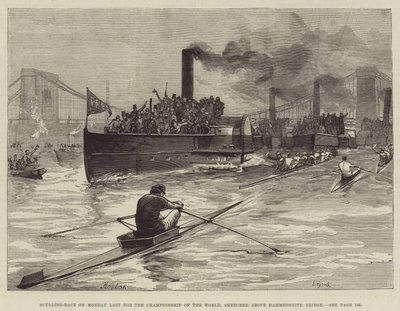 Carrera de remo el lunes pasado por el campeonato del mundo, esbozado sobre el puente de Hammersmith de William Heysham Overend