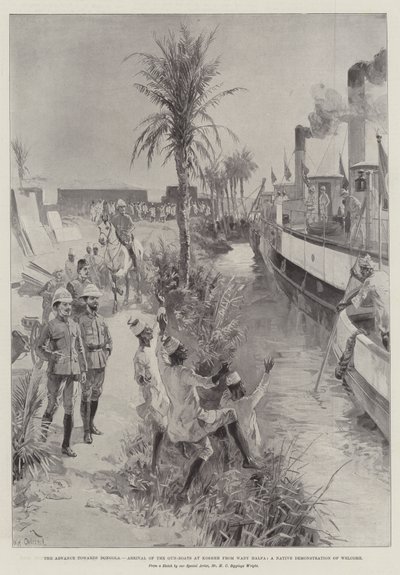El avance hacia Dongola, llegada de los barcos cañoneros a Kosheh desde Wady Halfa, una demostración de bienvenida nativa de William Heysham Overend