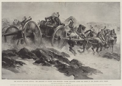El Avance hacia Dongola, la Artillería de la Columna del Coronel Burn-Murdoch galopando a través del Desierto hacia las Alturas sobre Ferket de William Heysham Overend