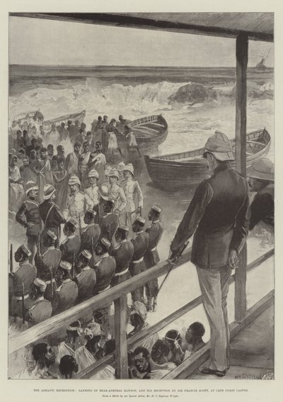 La Expedición Ashanti, desembarco del Contraalmirante Rawson, y su Recepción por Sir Francis Scott, en el Castillo de Cape Coast de William Heysham Overend