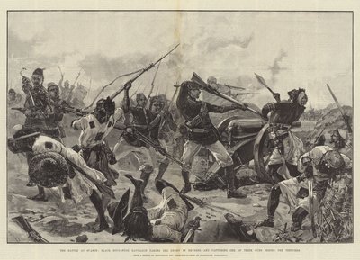 La batalla en Suakin, el batallón sudanés negro tomando al enemigo por la retaguardia y capturando uno de sus cañones detrás de las trincheras de William Heysham Overend