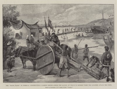 Las banderas negras en Formosa, construyendo un puente de bambú sobre la laguna, para retirarse cuando los japoneses ataquen los fuertes de William Heysham Overend