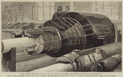 El cañón de treinta y ocho toneladas reventado del HMS Thunderer en el Arsenal de Woolwich de William Heysham Overend