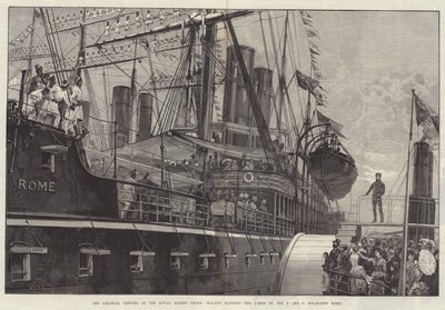 Los Visitantes Coloniales en los Muelles Reales de Albert, Malayos manejando los mástiles del barco de vapor P y O Roma de William Heysham Overend