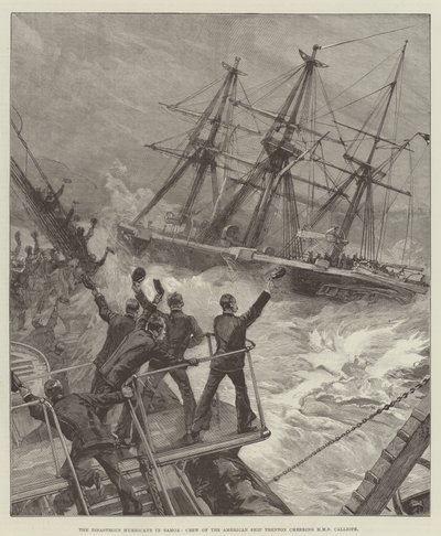 El desastroso huracán en Samoa, la tripulación del barco americano Trenton animando al HMS Calliope de William Heysham Overend