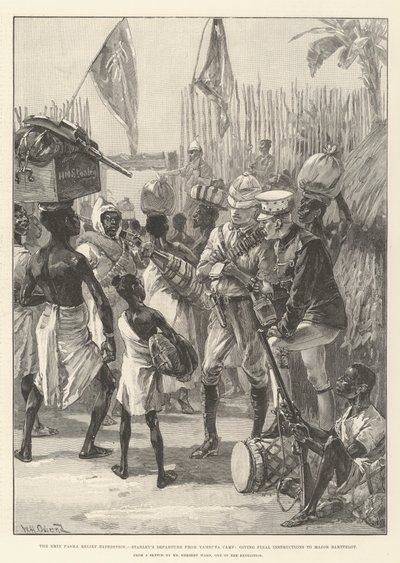 La expedición de socorro de Emin Pasha, la partida de Stanley del campamento de Yambuya, dando instrucciones finales al Mayor Barttelot de William Heysham Overend
