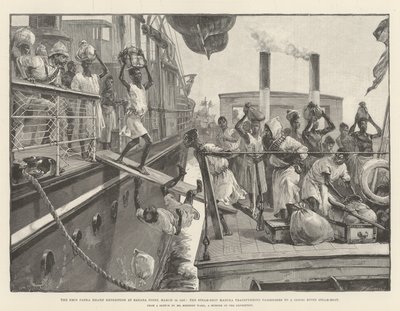 La Expedición de Rescate de Emin Pasha en Banana Point, 18 de marzo de 1887, el Vapor Madura transfiriendo Pasajeros a un Barco de Vapor del Río Congo de William Heysham Overend