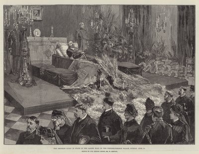 El emperador yaciendo en estado en el Salón de Jaspe del Palacio de Friedrichskron, domingo, 17 de junio de William Heysham Overend