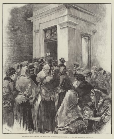 La puerta principal en One Ash, Rochdale, trabajadores aglomerándose para ver al Sr. Bright en su ataúd de William Heysham Overend