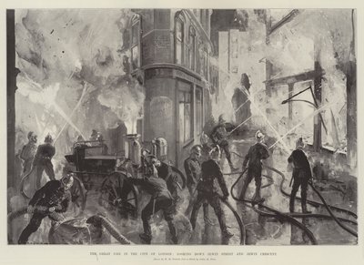 El Gran Incendio en la Ciudad de Londres, mirando hacia la calle Jewin y el Crescent de Jewin de William Heysham Overend