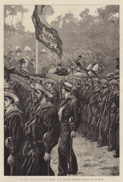 La gran revisión voluntaria en Windsor, voluntarios de artillería naval desfilando ante la Reina de William Heysham Overend
