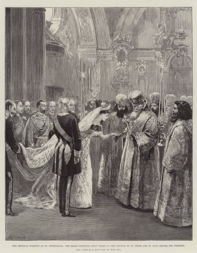 La boda imperial en San Petersburgo, la novia recibiendo agua bendita en la iglesia de San Pedro y San Pablo antes de la boda de William Heysham Overend