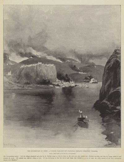 La insurrección en Creta, un barco de guerra turco bombardeando aldeas cristianas en Platanias de William Heysham Overend