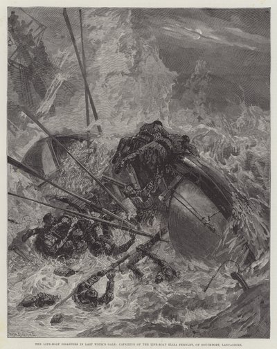 Los desastres del bote salvavidas en la tormenta de la semana pasada, vuelco del bote salvavidas Eliza Fernley, de Southport, Lancashire de William Heysham Overend