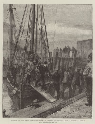 La pérdida del barco de vapor Elbe del Lloyd Alemán del Norte, el 30 de enero, frente a Lowestoft, desembarco de sobrevivientes en Lowestoft de William Heysham Overend