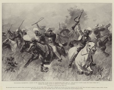 La insurrección de Matabili, carga de los Afrikanders en la batalla de la granja Colenbrander, 25 de abril, un toque de naturaleza hace que todo el mundo sea pariente; británicos y bóers uniéndose en defensa de sus esposas de William Heysham Overend