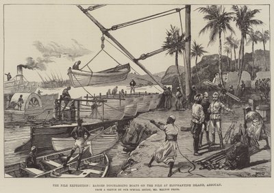La expedición del Nilo, barcazas descargando botes en el Nilo en la isla de Elefantina, Asuán de William Heysham Overend