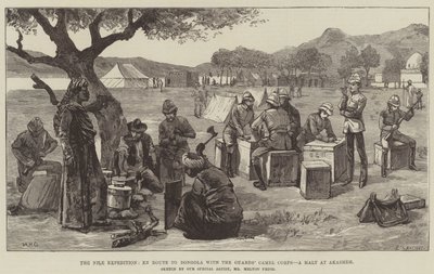 La expedición del Nilo, en ruta a Dongola con el Cuerpo de Camellos de la Guardia, una parada en Akasheh de William Heysham Overend