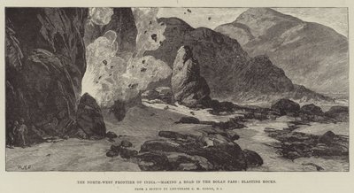 La frontera noroeste de la India, construyendo una carretera en el paso de Bolan, voladura de rocas de William Heysham Overend