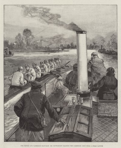 La regata Oxford y Cambridge, el Sr. Muttlebury entrenando al equipo de Cambridge desde un barco de vapor de William Heysham Overend