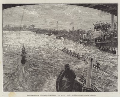 La regata de Oxford y Cambridge, los barcos pasando bajo el Puente del Ferrocarril de Barnes de William Heysham Overend